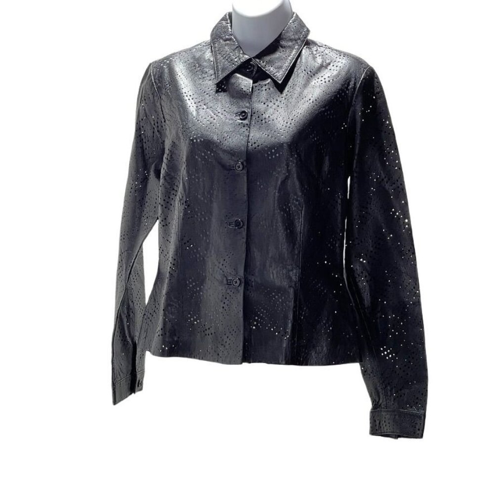 & Trouser Perforated Leather Jacket Black Laser Cut Fitted